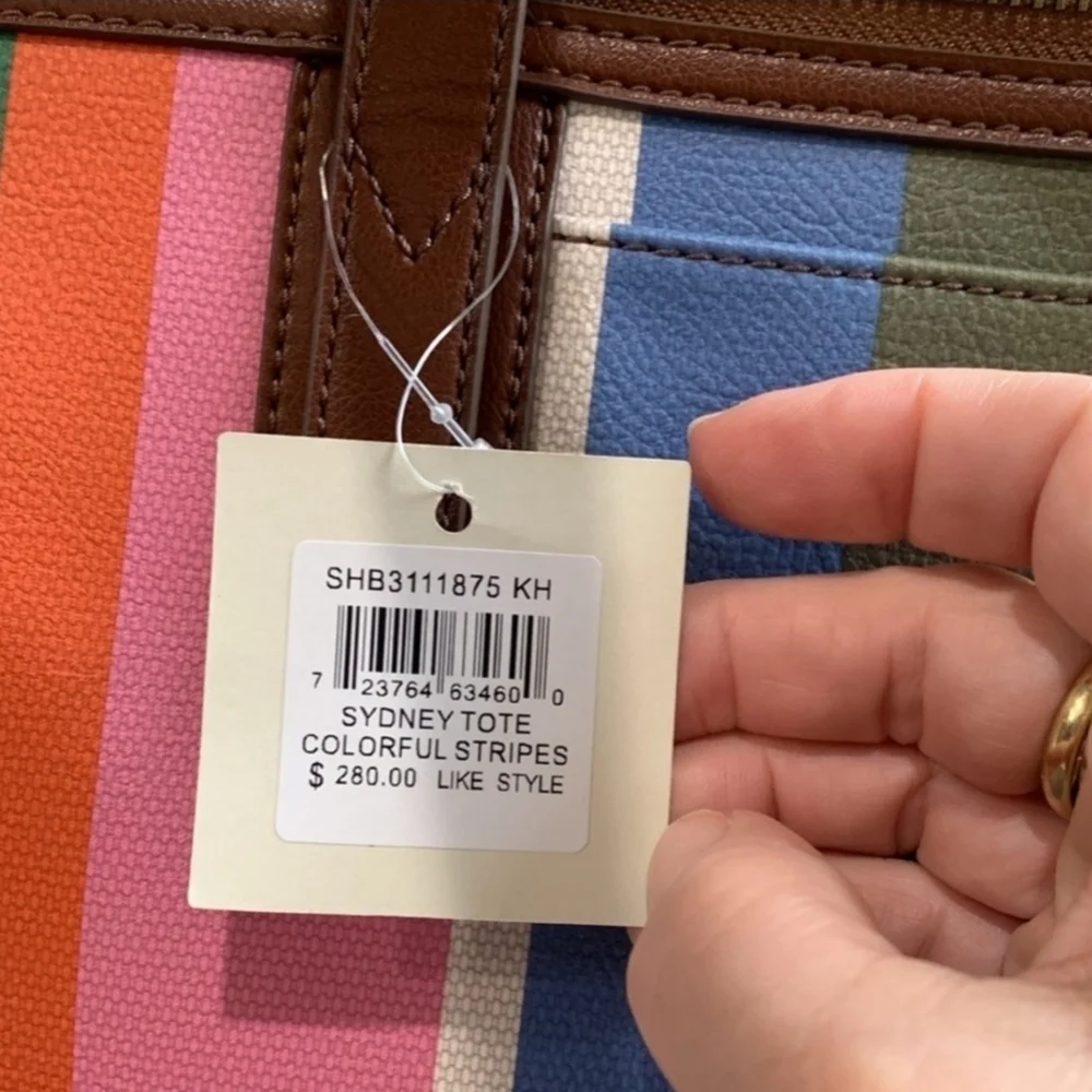 Fossil Sydney tote in Colorful Stripes brown vegan leather trim new with tags